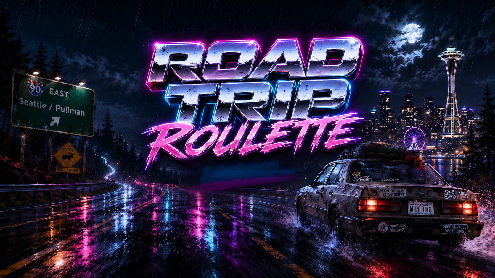 Road Trip Roulette — a beater sedan on a rain-slicked I-90 heading east out of Seattle at night